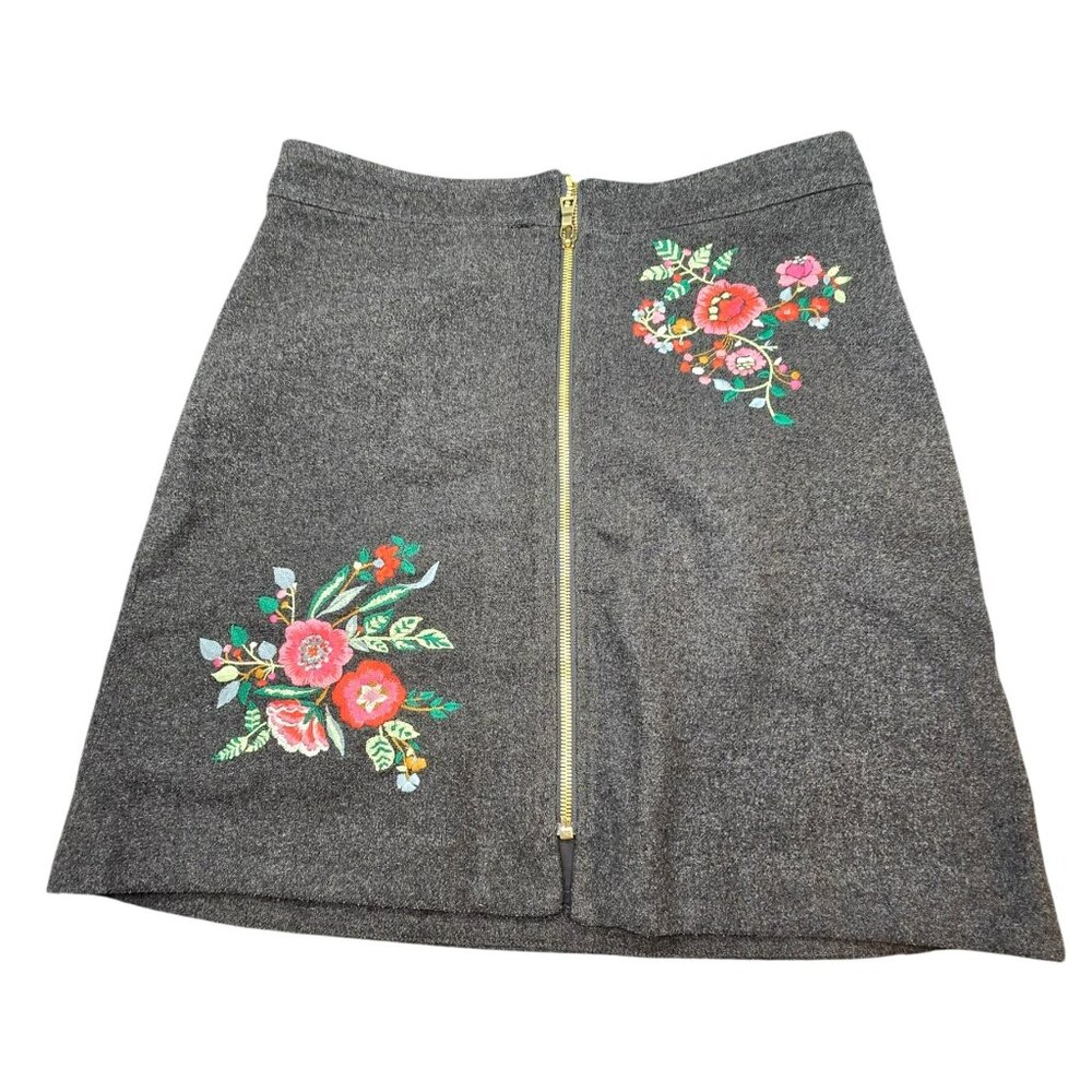 Loft Gray Skirt Wool Blend Floral Embroidered A-Line Gold Zipper Gold 4 JJ3988